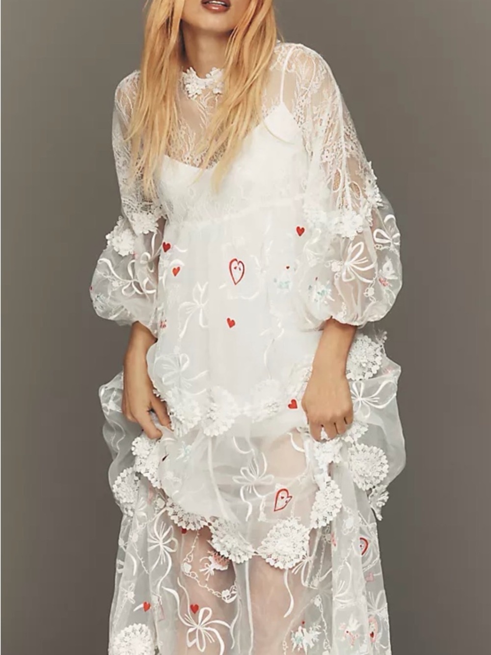 Anthropologie White Sheer Lace Maxi Dress with Red Heart Embroidery